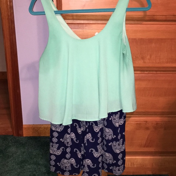 Teal blue & navy,white elephant printed romper - Picture 1 of 4